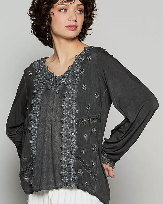 POL Floral Embroidery Woven Top with Lace Trim - Sleekdenim.com