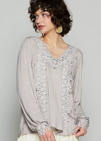 POL Floral Embroidery Woven Top with Lace Trim - Sleekdenim.com