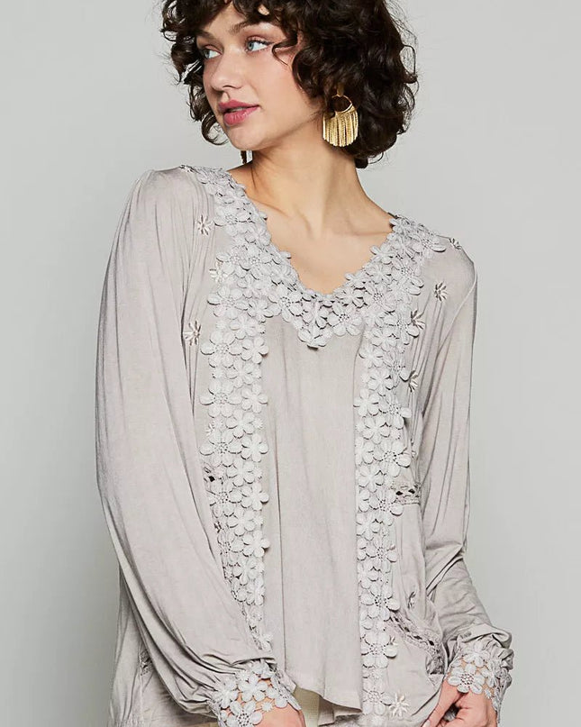 POL Floral Embroidery Woven Top with Lace Trim - Sleekdenim.com