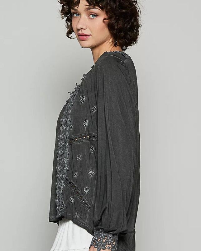 POL Floral Embroidery Woven Top with Lace Trim - Sleekdenim.com