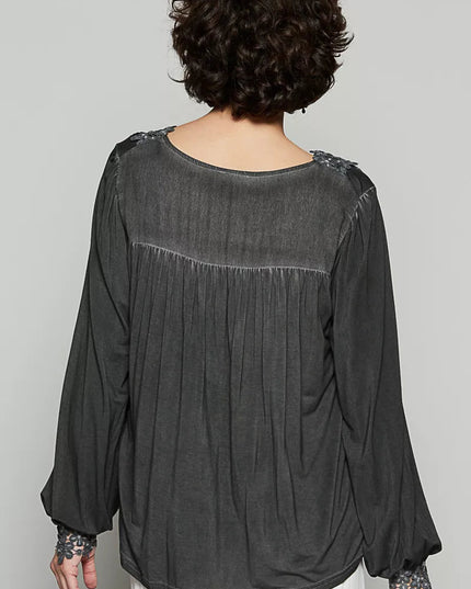 POL Floral Embroidery Woven Top with Lace Trim - Sleekdenim.com