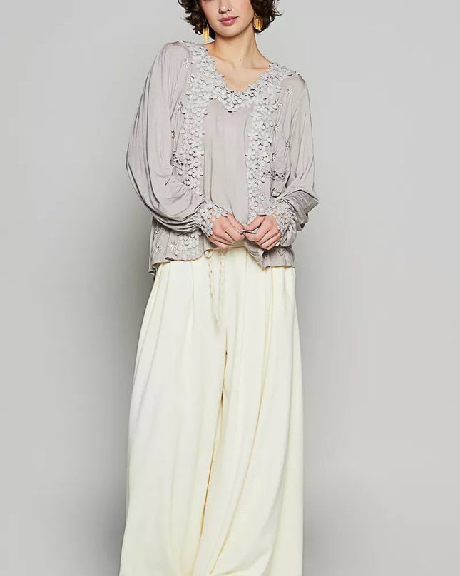 POL Floral Embroidery Woven Top with Lace Trim - Sleekdenim.com