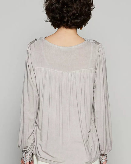 POL Floral Embroidery Woven Top with Lace Trim - Sleekdenim.com