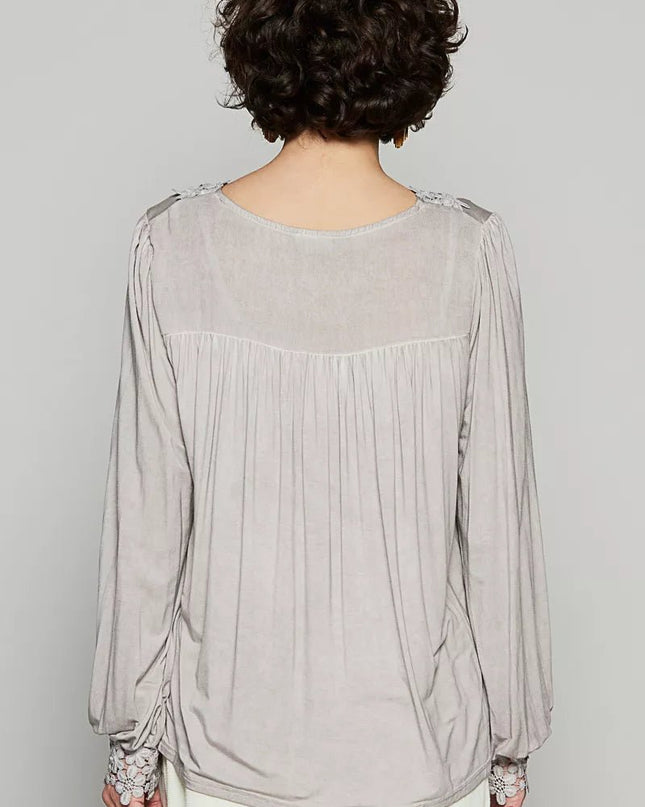 POL Floral Embroidery Woven Top with Lace Trim - Sleekdenim.com