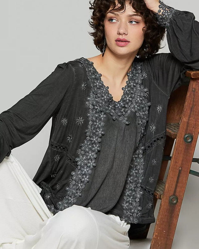 POL Floral Embroidery Woven Top with Lace Trim - Sleekdenim.com