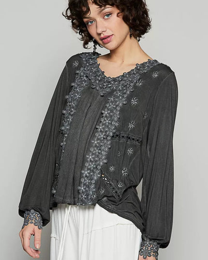 POL Floral Embroidery Woven Top with Lace Trim - Sleekdenim.com