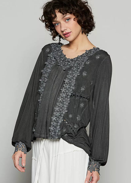 POL Floral Embroidery Woven Top with Lace Trim - Sleekdenim.com