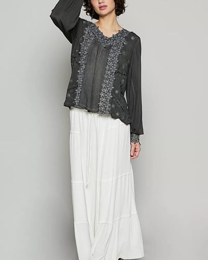 POL Floral Embroidery Woven Top with Lace Trim - Sleekdenim.com