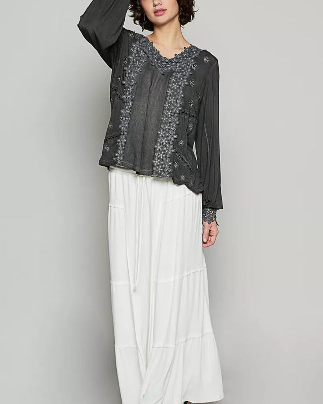 POL Floral Embroidery Woven Top with Lace Trim - Sleekdenim.com