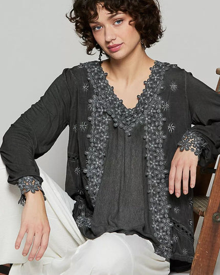 POL Floral Embroidery Woven Top with Lace Trim - Sleekdenim.com