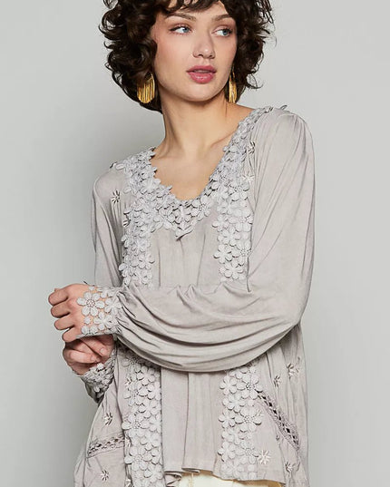 POL Floral Embroidery Woven Top with Lace Trim - Sleekdenim.com