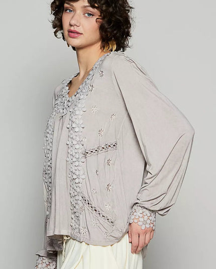 POL Floral Embroidery Woven Top with Lace Trim - Sleekdenim.com