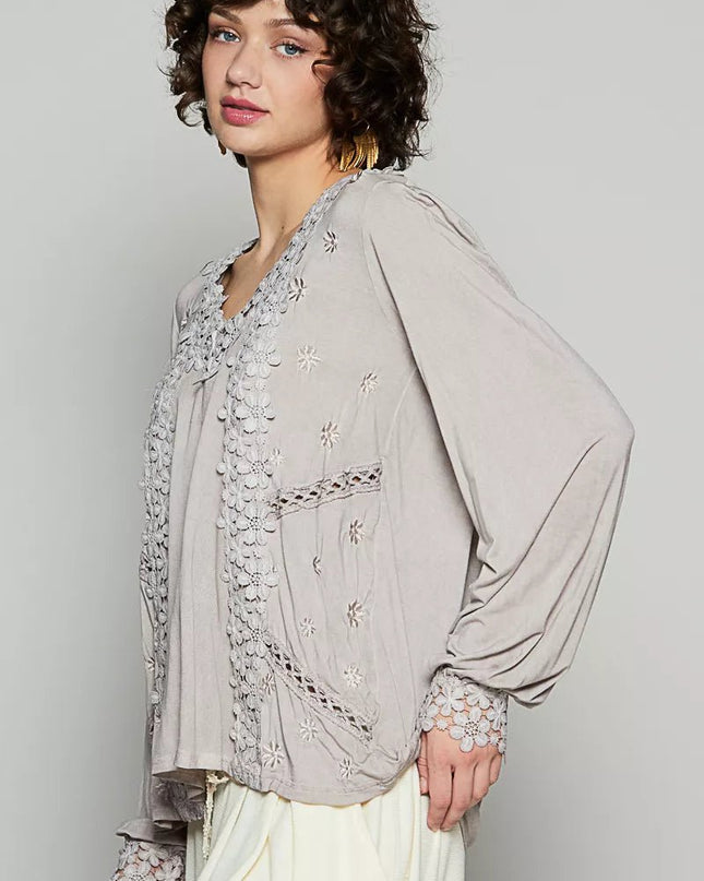 POL Floral Embroidery Woven Top with Lace Trim - Sleekdenim.com