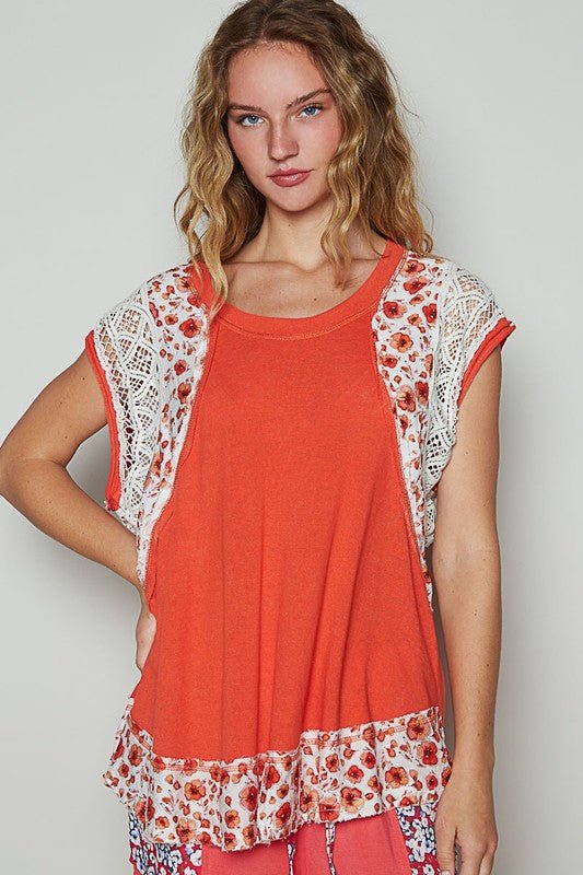 POL Floral Frayed Hem Crochet Cap Sleeve Top - Sleekdenim.com