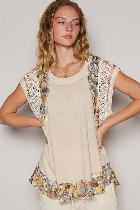 POL Floral Frayed Hem Crochet Cap Sleeve Top - Sleekdenim.com