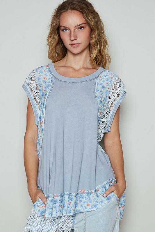 POL Floral Frayed Hem Crochet Cap Sleeve Top - Sleekdenim.com