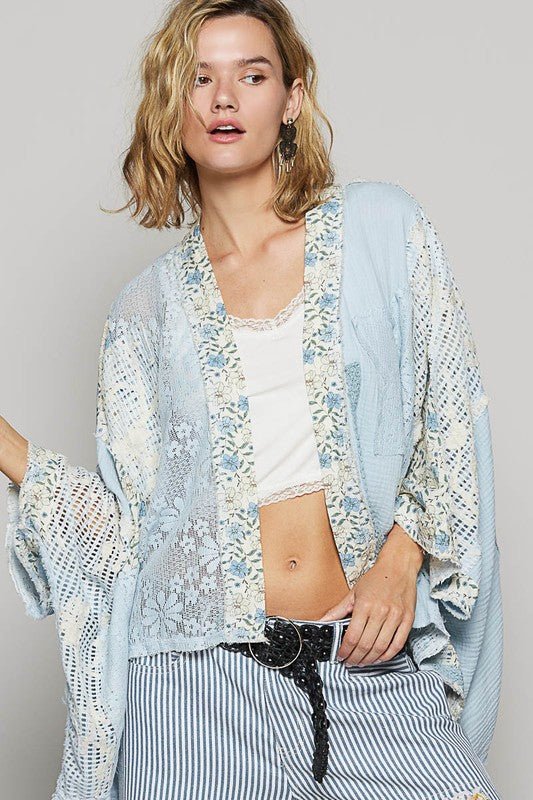 POL Floral Lace Crochet Patch Open Front Double Gauze Cardigan - Sleekdenim.com