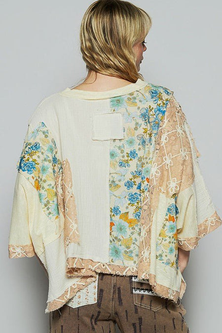 POL Floral Lace Patch Round Neck Double Gauze Top - Sleekdenim.com