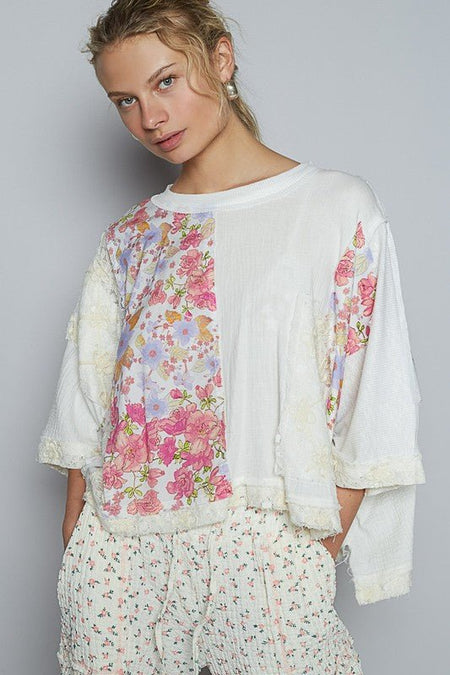 POL Floral Lace Patch Round Neck Double Gauze Top - Sleekdenim.com