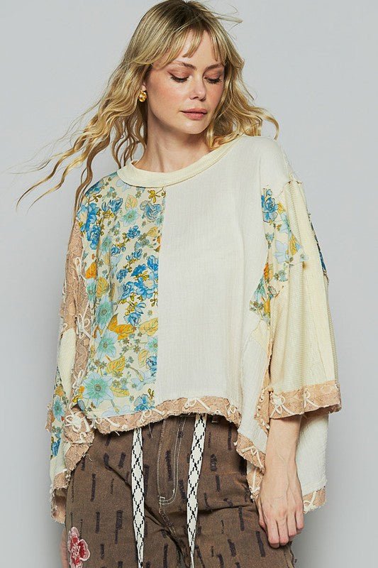 POL Floral Lace Patch Round Neck Double Gauze Top - Sleekdenim.com