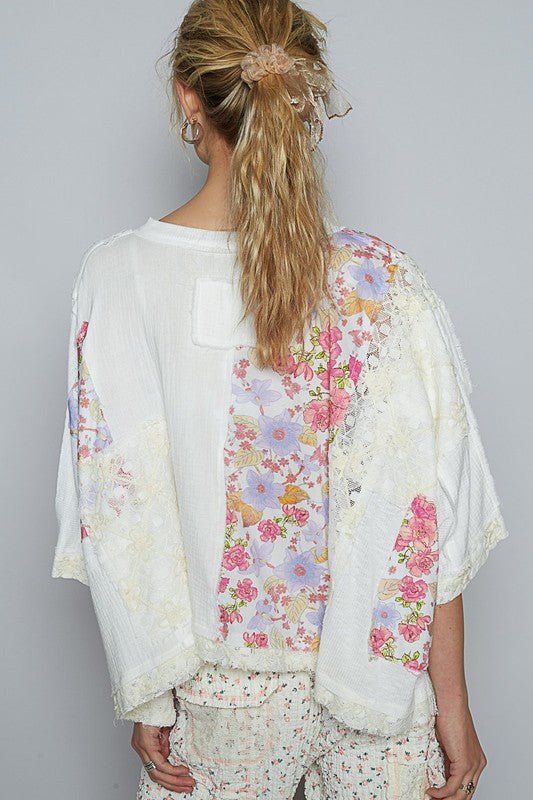 POL Floral Lace Patch Round Neck Double Gauze Top - Sleekdenim.com