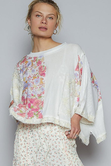 POL Floral Lace Patch Round Neck Double Gauze Top - Sleekdenim.com