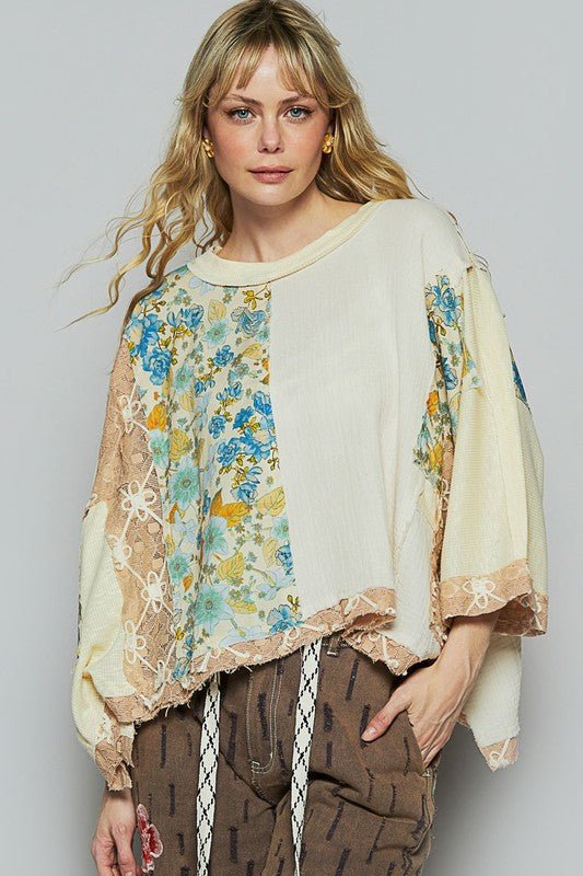 POL Floral Lace Patch Round Neck Double Gauze Top - Sleekdenim.com