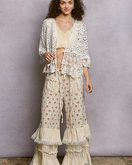 POL Floral Lace Short Sleeve Crochet Cardigan with Tassel Tie - Sleekdenim.com