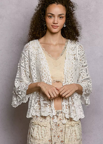 POL Floral Lace Short Sleeve Crochet Cardigan with Tassel Tie - Sleekdenim.com