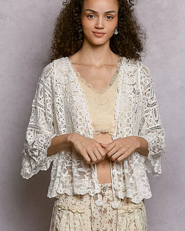 POL Floral Lace Short Sleeve Crochet Cardigan with Tassel Tie - Sleekdenim.com