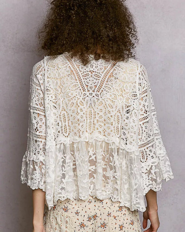 POL Floral Lace Short Sleeve Crochet Cardigan with Tassel Tie - Sleekdenim.com
