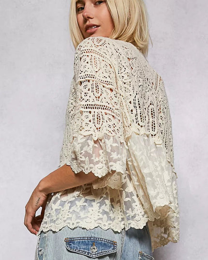 POL Floral Lace Short Sleeve Crochet Cardigan with Tassel Tie - Sleekdenim.com