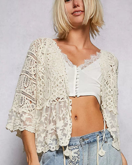 POL Floral Lace Short Sleeve Crochet Cardigan with Tassel Tie - Sleekdenim.com