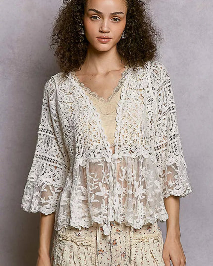 POL Floral Lace Short Sleeve Crochet Cardigan with Tassel Tie - Sleekdenim.com