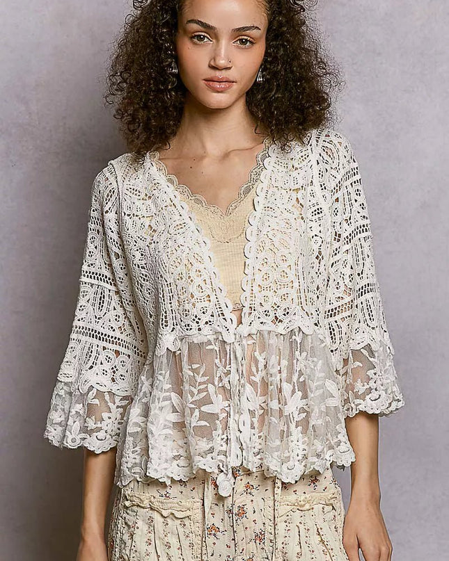 POL Floral Lace Short Sleeve Crochet Cardigan with Tassel Tie - Sleekdenim.com