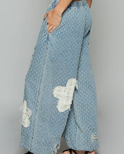 POL Floral Patch Washed Textured Twill Pants with Crochet See Thru Patch - Sleekdenim.com
