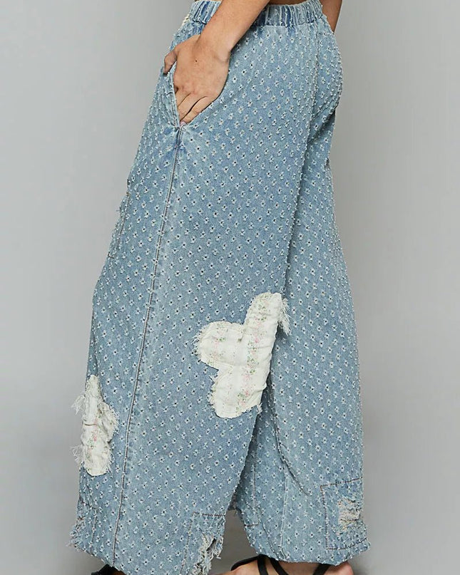 POL Floral Patch Washed Textured Twill Pants with Crochet See Thru Patch - Sleekdenim.com
