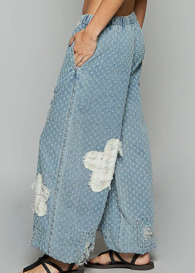 POL Floral Patch Washed Textured Twill Pants with Crochet See Thru Patch - Sleekdenim.com