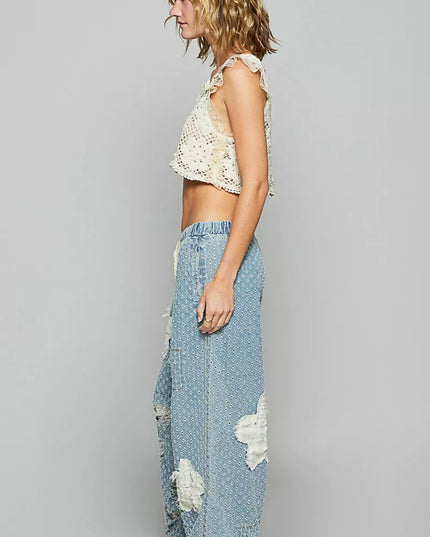 POL Floral Patch Washed Textured Twill Pants with Crochet See Thru Patch - Sleekdenim.com