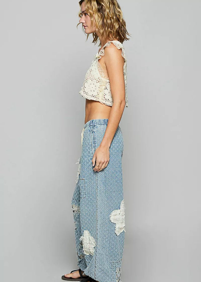 POL Floral Patch Washed Textured Twill Pants with Crochet See Thru Patch - Sleekdenim.com