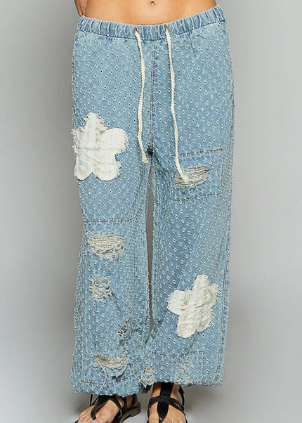 POL Floral Patch Washed Textured Twill Pants with Crochet See Thru Patch - Sleekdenim.com