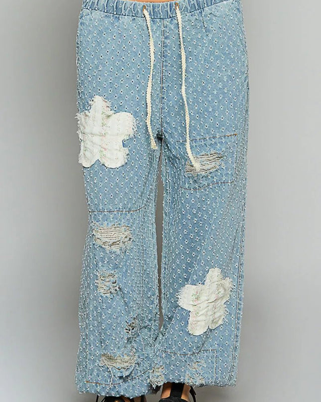 POL Floral Patch Washed Textured Twill Pants with Crochet See Thru Patch - Sleekdenim.com
