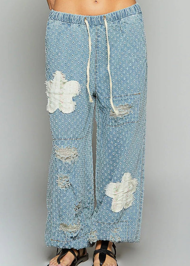 POL Floral Patch Washed Textured Twill Pants with Crochet See Thru Patch - Sleekdenim.com