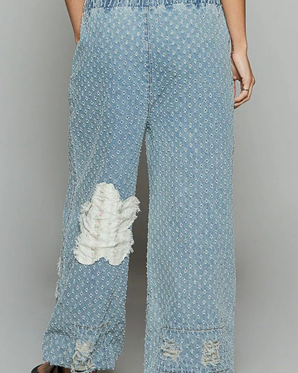 POL Floral Patch Washed Textured Twill Pants with Crochet See Thru Patch - Sleekdenim.com