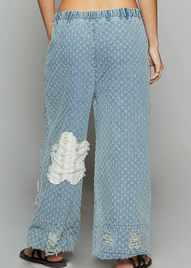 POL Floral Patch Washed Textured Twill Pants with Crochet See Thru Patch - Sleekdenim.com