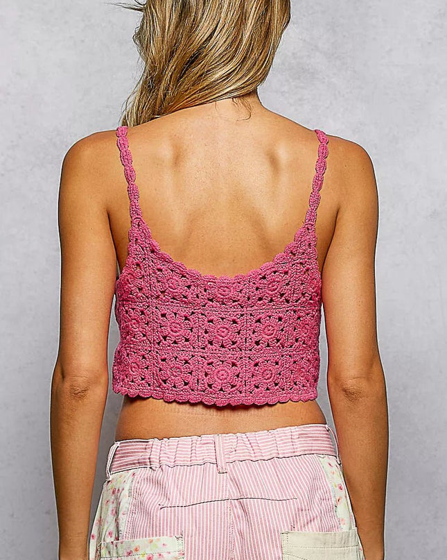 POL Floral Pattern Crochet Cropped Cami with Scalloped Edge - Sleekdenim.com