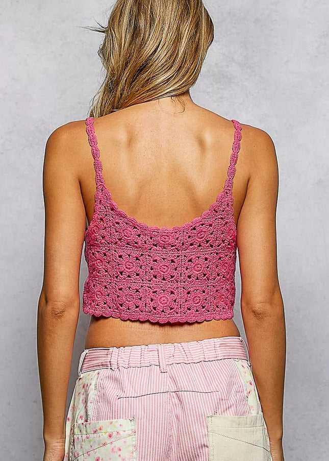 POL Floral Pattern Crochet Cropped Cami with Scalloped Edge - Sleekdenim.com