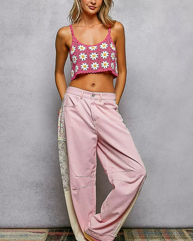 POL Floral Pattern Crochet Cropped Cami with Scalloped Edge - Sleekdenim.com