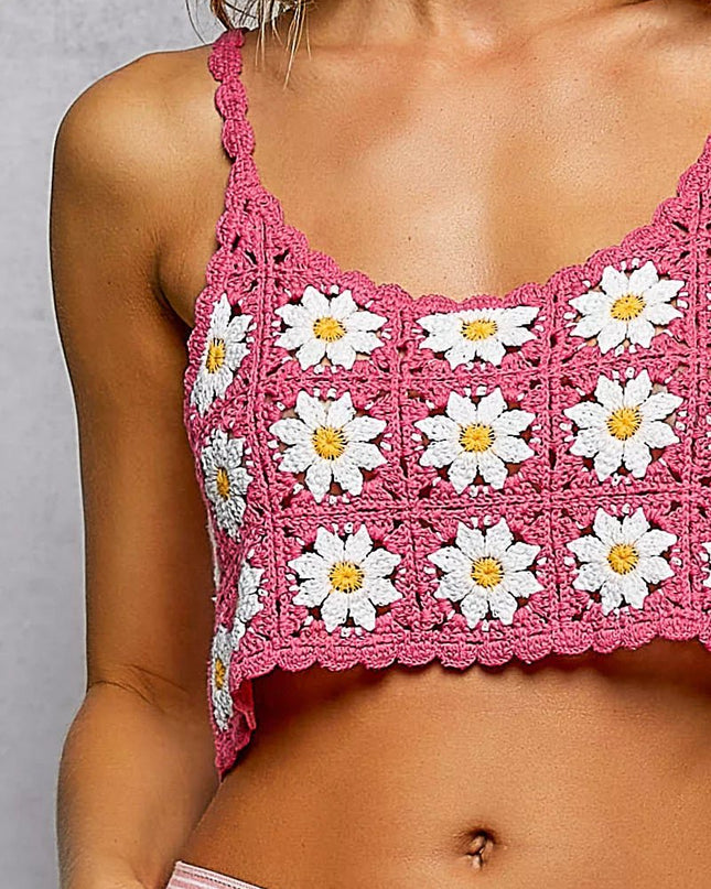POL Floral Pattern Crochet Cropped Cami with Scalloped Edge - Sleekdenim.com