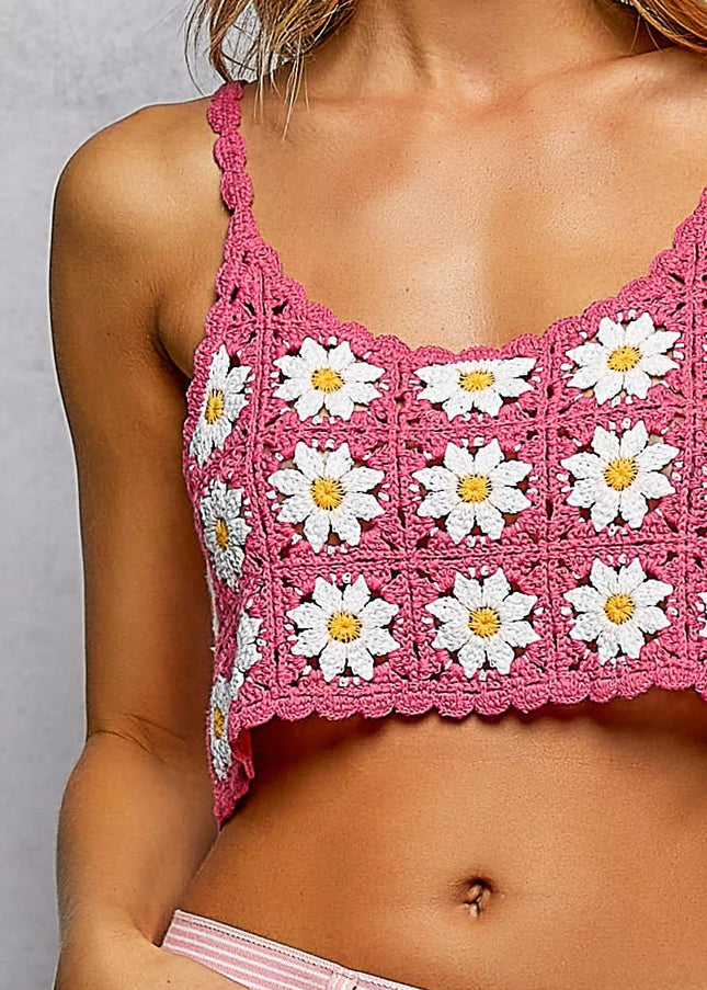 POL Floral Pattern Crochet Cropped Cami with Scalloped Edge - Sleekdenim.com